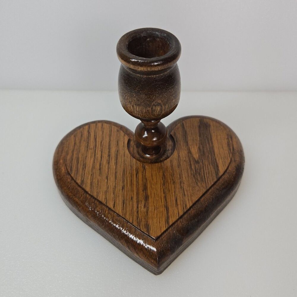 Vintage Oak Heart Candle Holder Rustic Wooden Taper Votive Candlestick Farmhouse